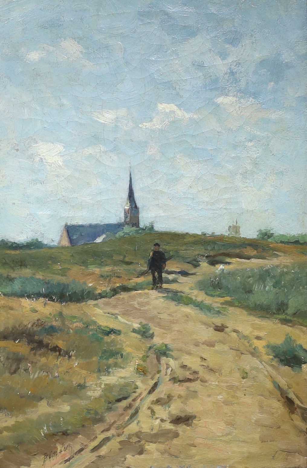 19th century School, impressionist oil on canvas, Church in a landscape, indistinctly signed lower left, 42 x 28cm, ornate gilt framed